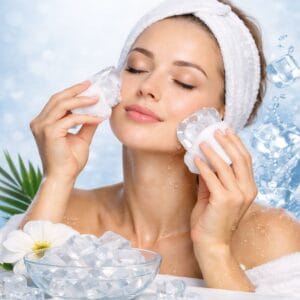 Masaż twarzy kostkami lodu – modelka wykonująca kriomasaż twarzy przy użyciu lodu