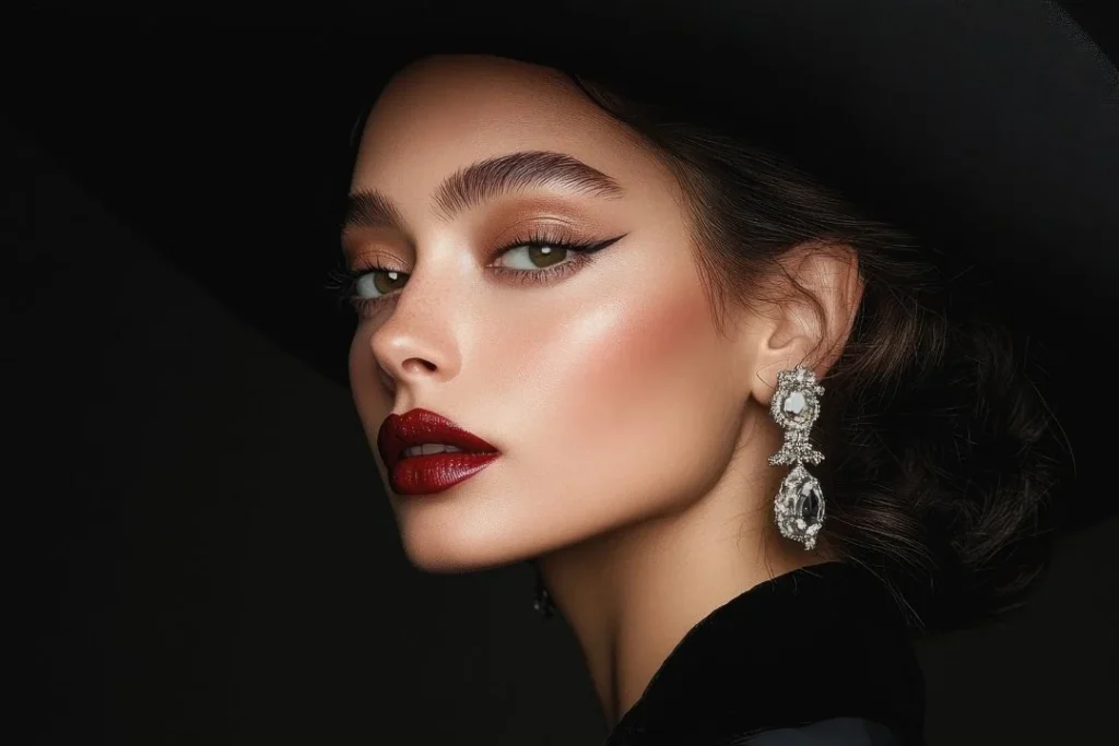 Makijaż ust w stylu Cherry Mocha Lips – jesienny trend 2025 w głębokich bordowych tonach.