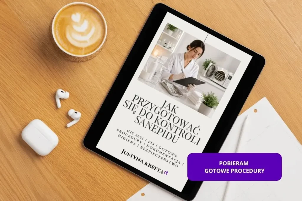 E-book Justyny Krefty „Jak przygotować się do kontroli Sanepidu – wytyczne GIS 2026 wyświetlony na ekranie tabletu.