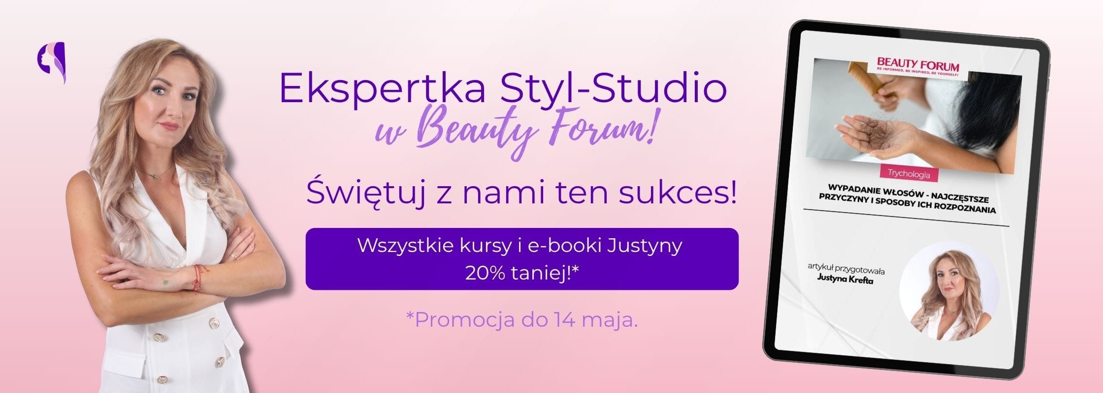 Baner informujący o promocji na produkty Justyny Krefty.