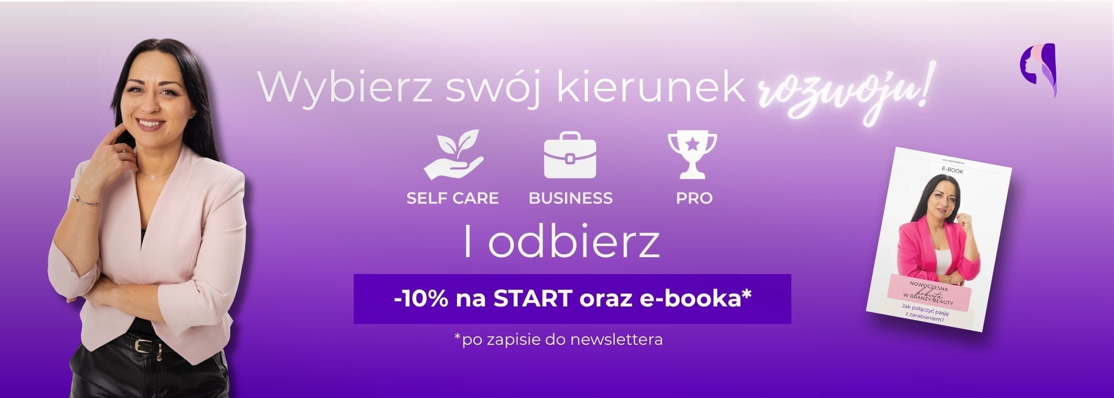 Baner informujący o rabacie i darmowym e-booku w zamian za zapis do newslettera.